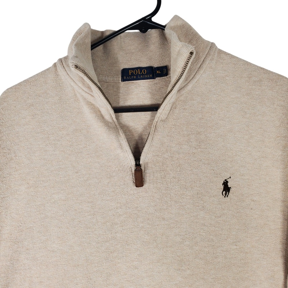 Polo Ralph Lauren Mens XL Quarter Zip Pullover Sweater Beige Oatmeal Ribbed Knit